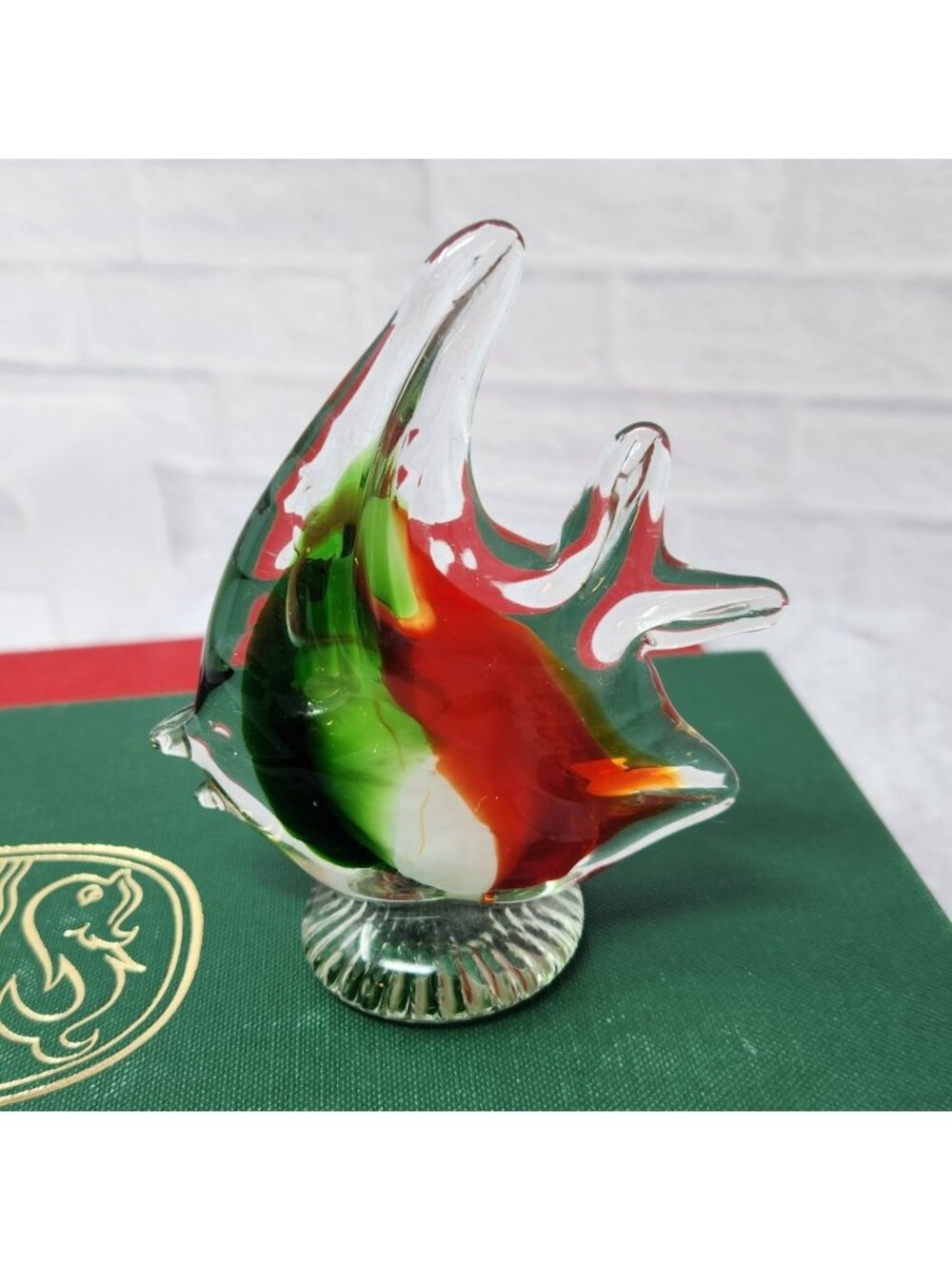 Vintage Art Glass Hand Blown Colorful Paperweight Figurine Angel Fish On Ribbed